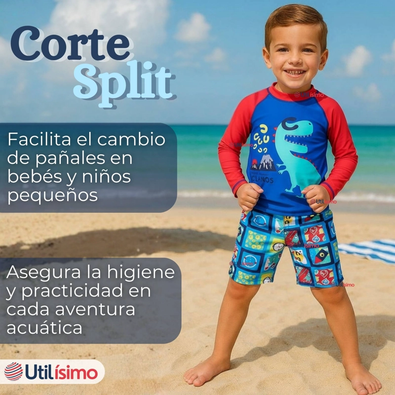 TRAJE DE BAÑO MANGA LARGA PANTALON CORTO 2 PIEZAS CORTE SPLIT NIÑO 3 A 9 AÑOS BLUE DINOSAUR - 8