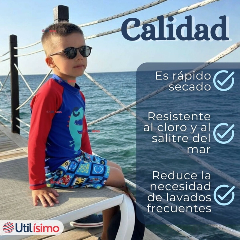 TRAJE DE BAÑO MANGA LARGA PANTALON CORTO 2 PIEZAS CORTE SPLIT NIÑO 3 A 9 AÑOS BLUE DINOSAUR - 9