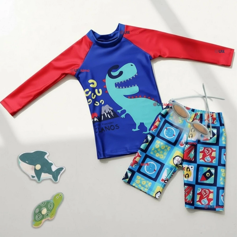 TRAJE DE BAÑO MANGA LARGA PANTALON CORTO 2 PIEZAS CORTE SPLIT NIÑO 3 A 9 AÑOS BLUE DINOSAUR - 1