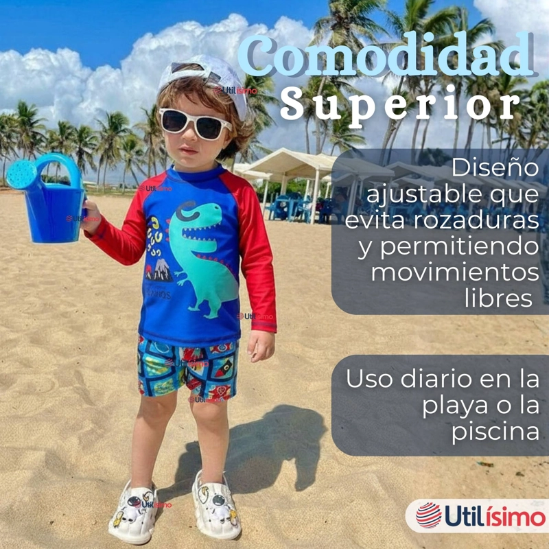 TRAJE DE BAÑO MANGA LARGA PANTALON CORTO 2 PIEZAS CORTE SPLIT NIÑO 3 A 9 AÑOS BLUE DINOSAUR - 7