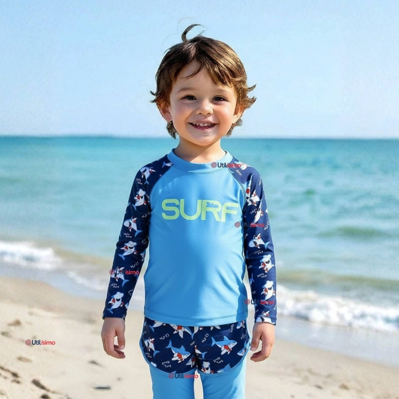 TRAJE DE BAÑO MANGA LARGA CON PANTALON LARGO Y PANTALON CORTO NIÑO DE 3 A 11 AÑOS BLUE SURF - 1