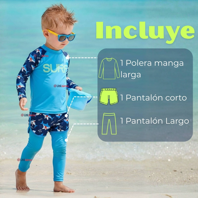 TRAJE DE BAÑO MANGA LARGA CON PANTALON LARGO Y PANTALON CORTO NIÑO DE 3 A 11 AÑOS BLUE SURF - 2