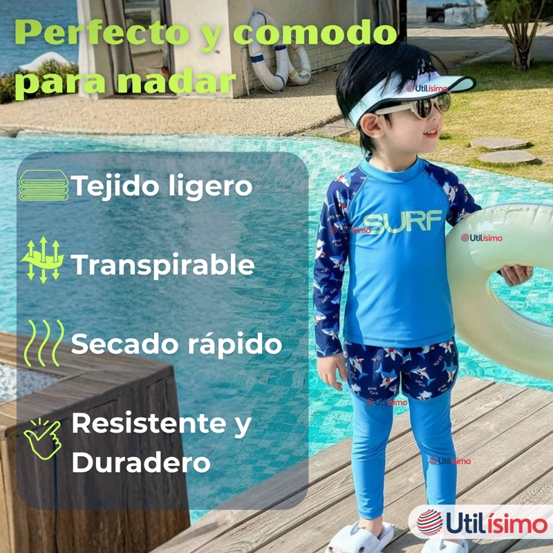 TRAJE DE BAÑO MANGA LARGA CON PANTALON LARGO Y PANTALON CORTO NIÑO DE 3 A 11 AÑOS BLUE SURF - 6