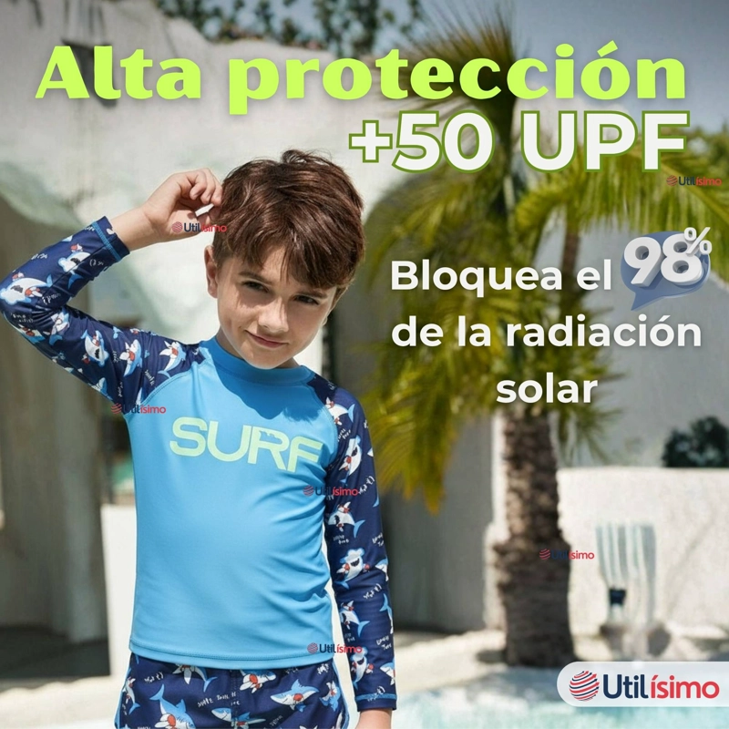 TRAJE DE BAÑO MANGA LARGA CON PANTALON LARGO Y PANTALON CORTO NIÑO DE 3 A 11 AÑOS BLUE SURF - 8