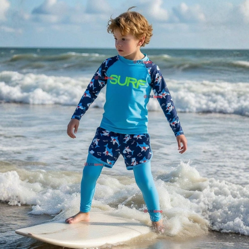 TRAJE DE BAÑO MANGA LARGA CON PANTALON LARGO Y PANTALON CORTO NIÑO DE 3 A 11 AÑOS BLUE SURF - 1