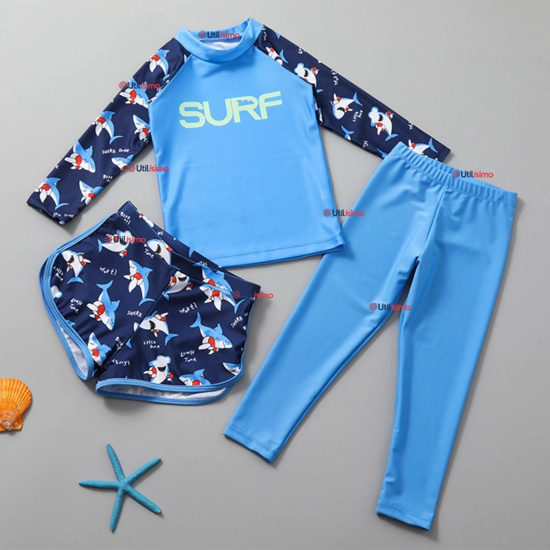 TRAJE DE BAÑO MANGA LARGA CON PANTALON LARGO Y PANTALON CORTO NIÑO DE 3 A 11 AÑOS BLUE SURF - 1