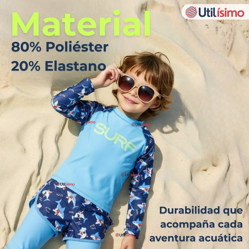 TRAJE DE BAÑO MANGA LARGA CON PANTALON LARGO Y PANTALON CORTO NIÑO DE 3 A 11 AÑOS BLUE SURF - 5