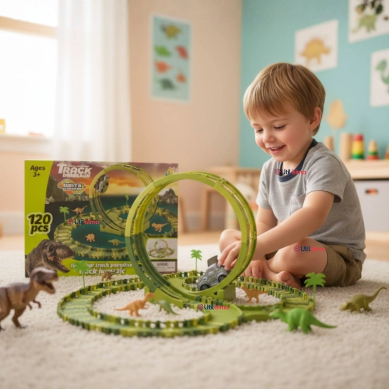 PISTA CARRERAS DE AUTO JUGUETE FLEXIBLE DINOSAURIO 120 PIEZAS NIÑOS - 1