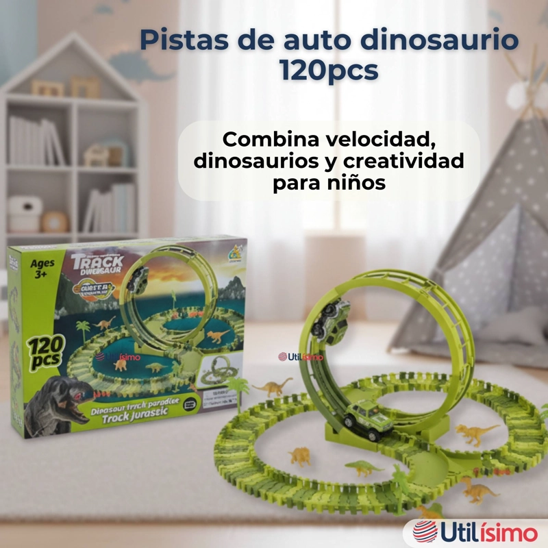 PISTA CARRERAS DE AUTO JUGUETE FLEXIBLE DINOSAURIO 120 PIEZAS NIÑOS - 5