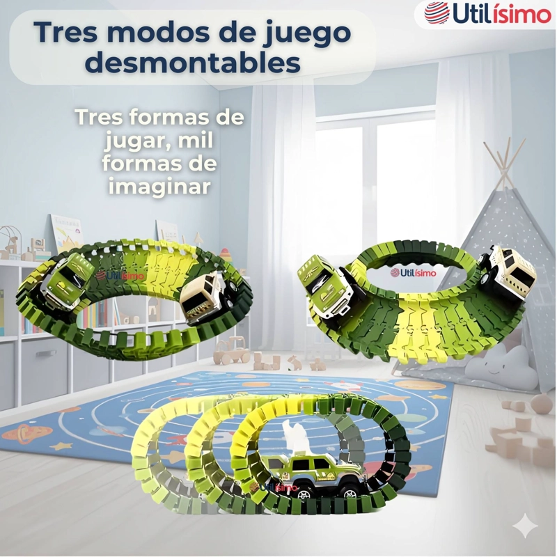 PISTA CARRERAS DE AUTO JUGUETE FLEXIBLE DINOSAURIO 120 PIEZAS NIÑOS - 11