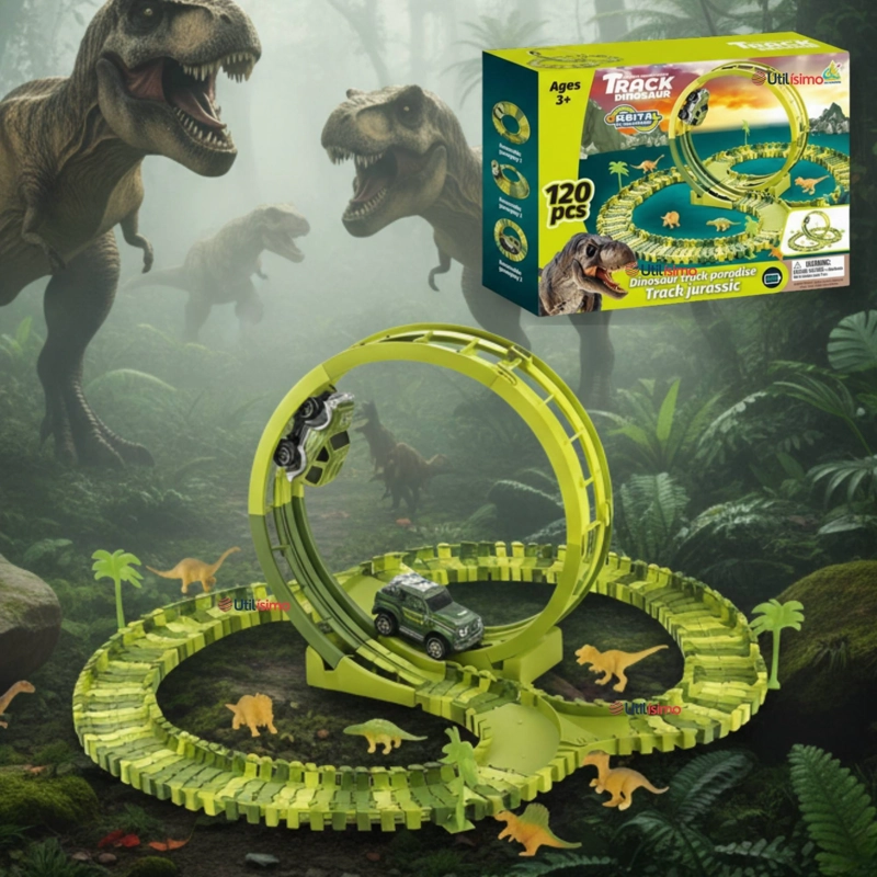 PISTA CARRERAS DE AUTO JUGUETE FLEXIBLE DINOSAURIO 120 PIEZAS NIÑOS - 1