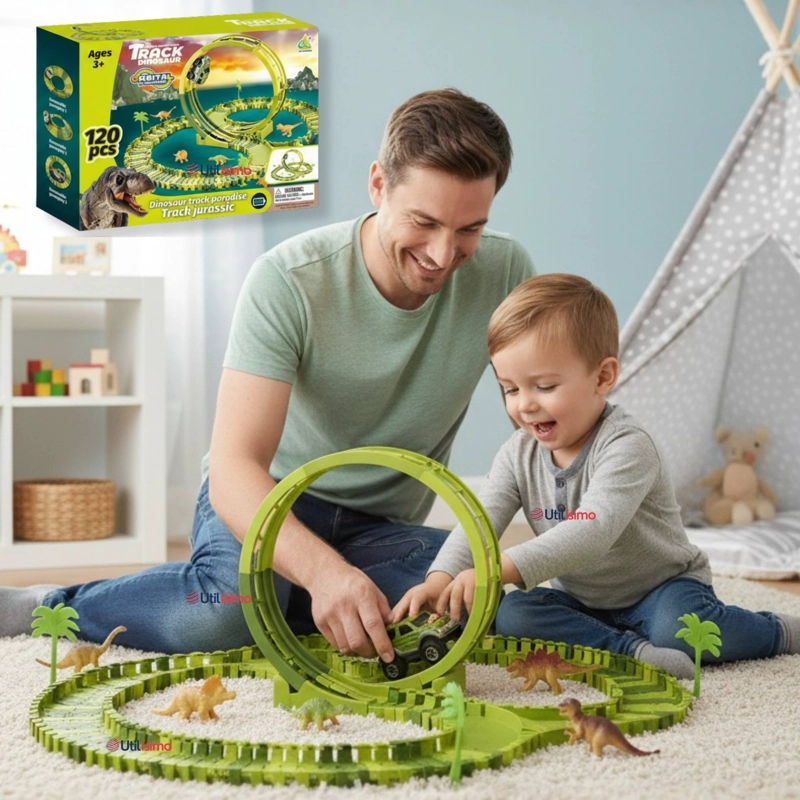 PISTA CARRERAS DE AUTO JUGUETE FLEXIBLE DINOSAURIO 120 PIEZAS NIÑOS - 1