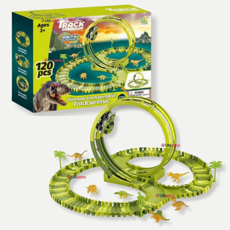 PISTA CARRERAS DE AUTO JUGUETE FLEXIBLE DINOSAURIO 120 PIEZAS NIÑOS - 1