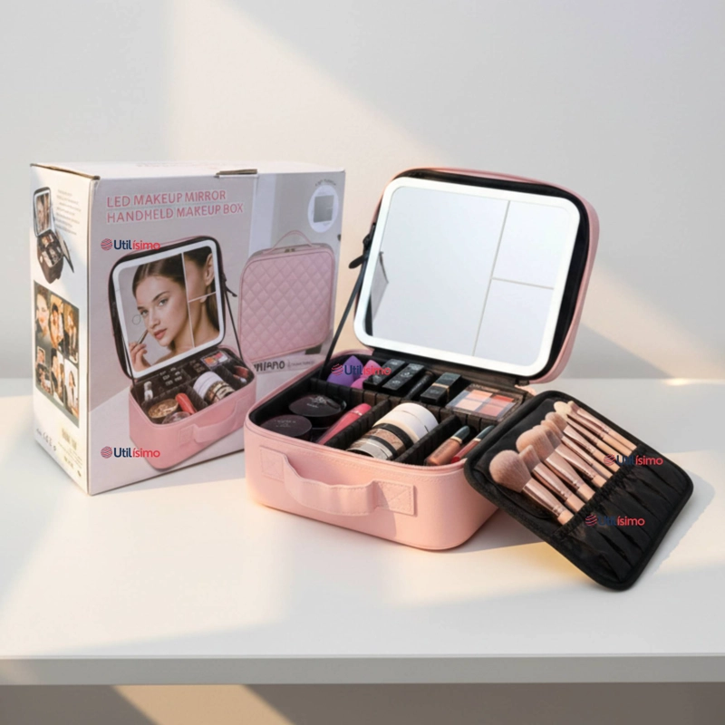 ESTUCHE MAQUILLAJE BOLSO COSMETIQUERO ESPEJO CON LUZ LED ORGANIZADOR - 1