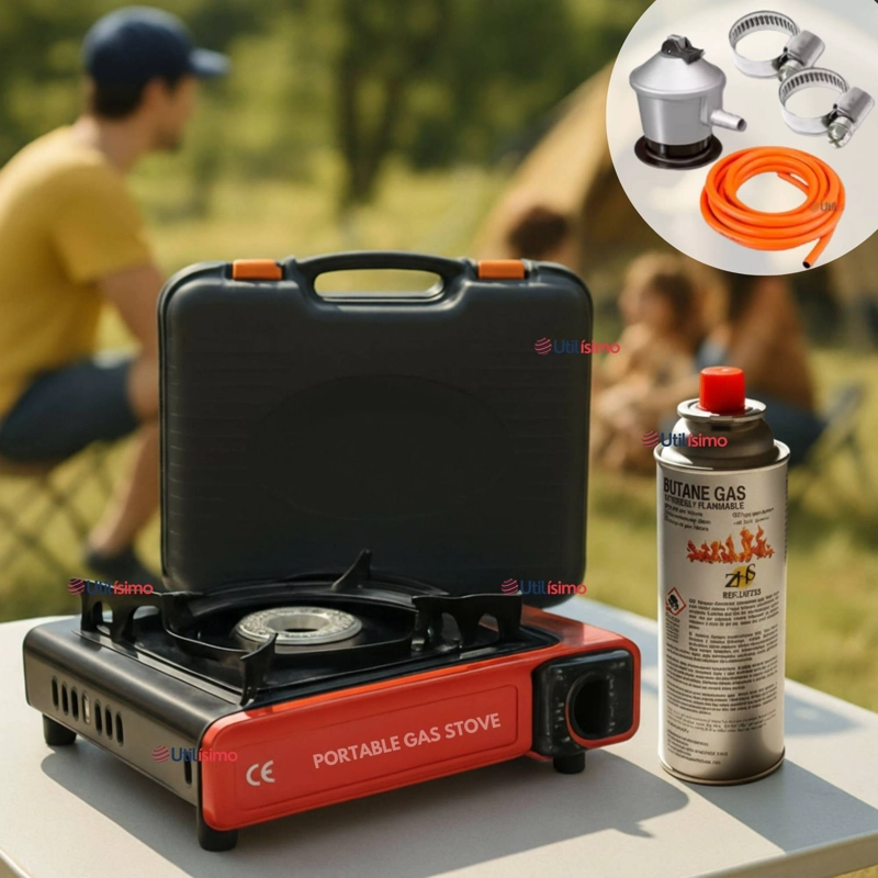 COCINA PORTATIL COCINILLA CAMPING + KIT DE INSTALACION Y LATA DE GAS - 1