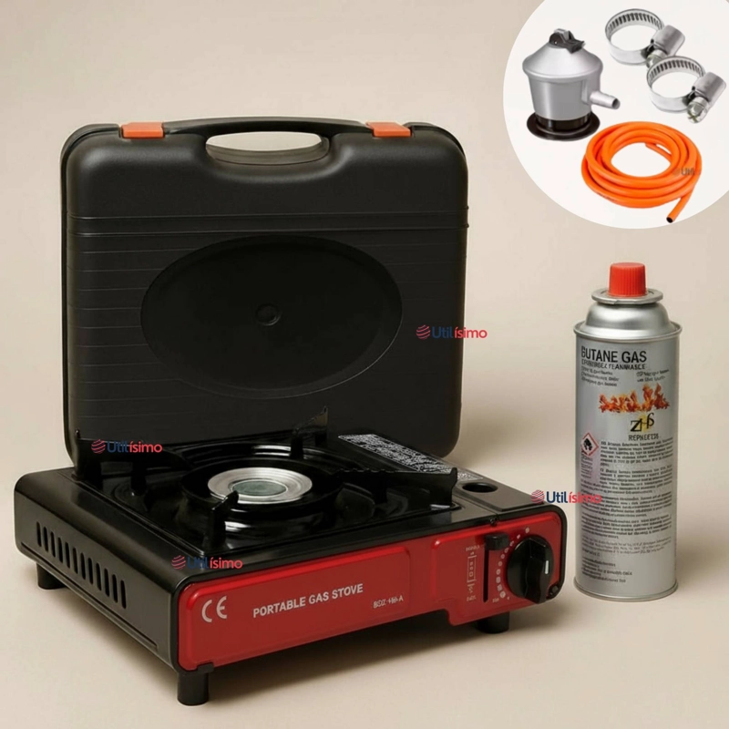 COCINA PORTATIL COCINILLA CAMPING + KIT DE INSTALACION Y LATA DE GAS - 1