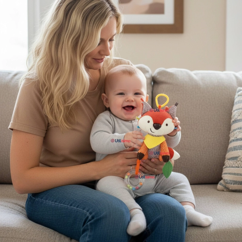 JUGUETE PELUCHE ANIMALES SENSORIAL CON MORDEDOR Y SONAJERO DISEÑO ZORRITO NIÑA Y NIÑO - 1