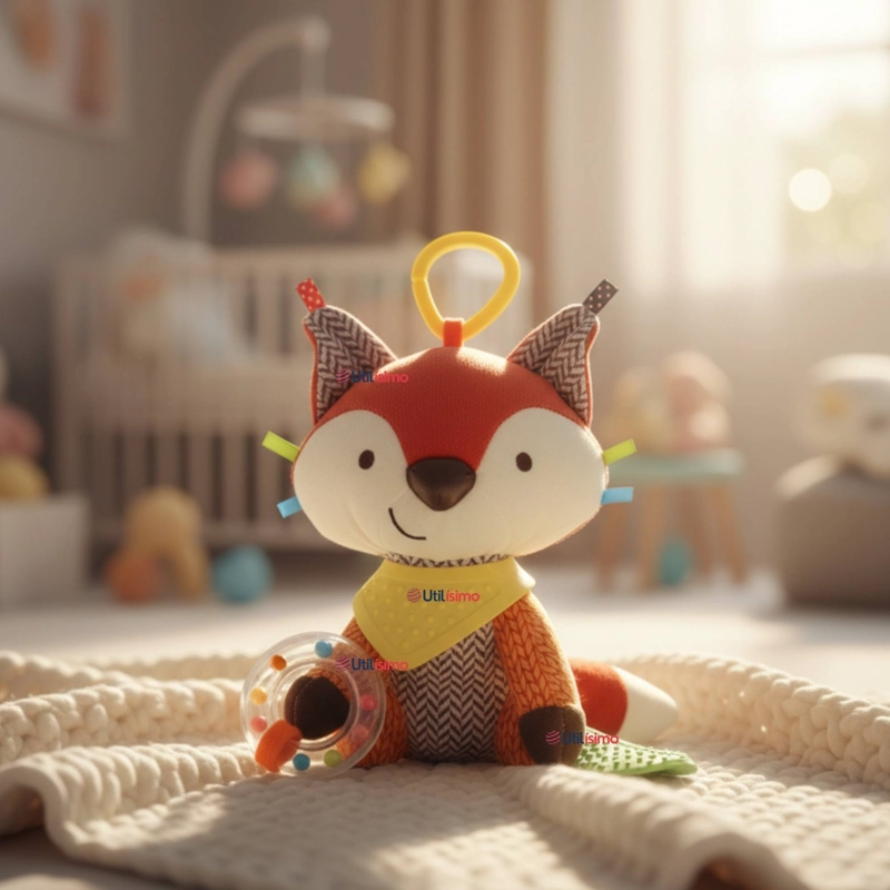 JUGUETE PELUCHE ANIMALES SENSORIAL CON MORDEDOR Y SONAJERO DISEÑO ZORRITO NIÑA Y NIÑO - 1