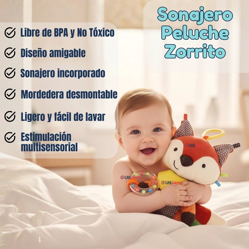 JUGUETE PELUCHE ANIMALES SENSORIAL CON MORDEDOR Y SONAJERO DISEÑO ZORRITO NIÑA Y NIÑO - 4