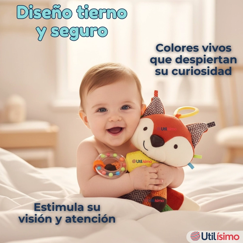 JUGUETE PELUCHE ANIMALES SENSORIAL CON MORDEDOR Y SONAJERO DISEÑO ZORRITO NIÑA Y NIÑO - 8