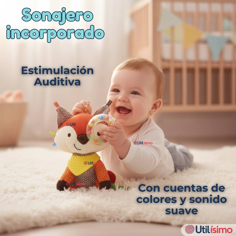 JUGUETE PELUCHE ANIMALES SENSORIAL CON MORDEDOR Y SONAJERO DISEÑO ZORRITO NIÑA Y NIÑO - 9