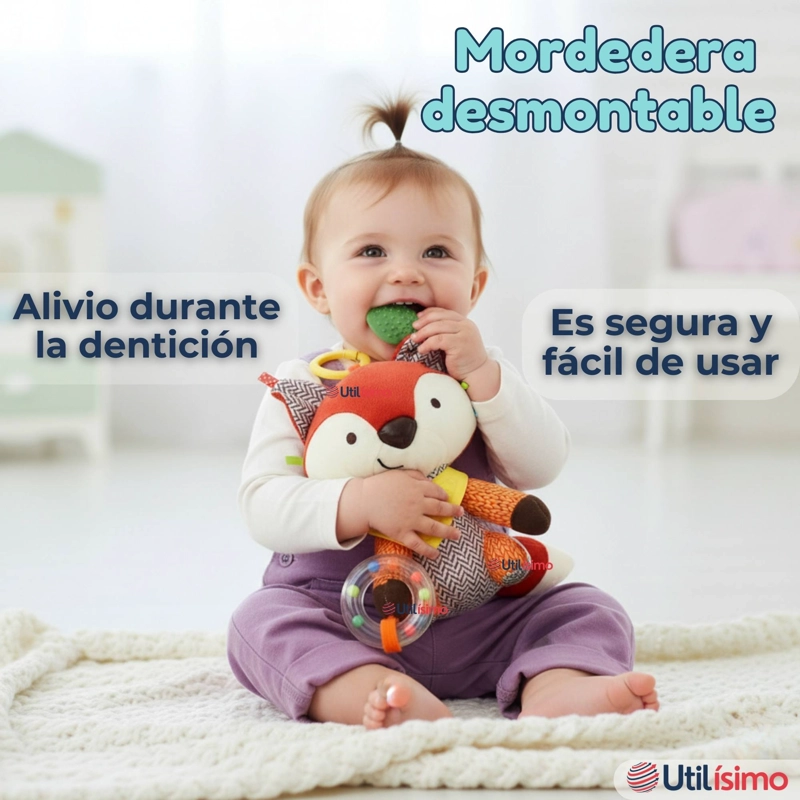 JUGUETE PELUCHE ANIMALES SENSORIAL CON MORDEDOR Y SONAJERO DISEÑO ZORRITO NIÑA Y NIÑO - 10