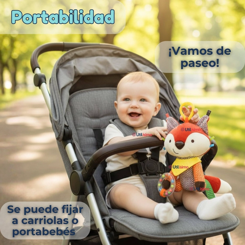 JUGUETE PELUCHE ANIMALES SENSORIAL CON MORDEDOR Y SONAJERO DISEÑO ZORRITO NIÑA Y NIÑO - 2