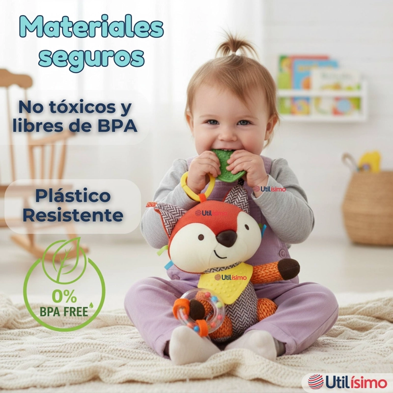 JUGUETE PELUCHE ANIMALES SENSORIAL CON MORDEDOR Y SONAJERO DISEÑO ZORRITO NIÑA Y NIÑO - 9