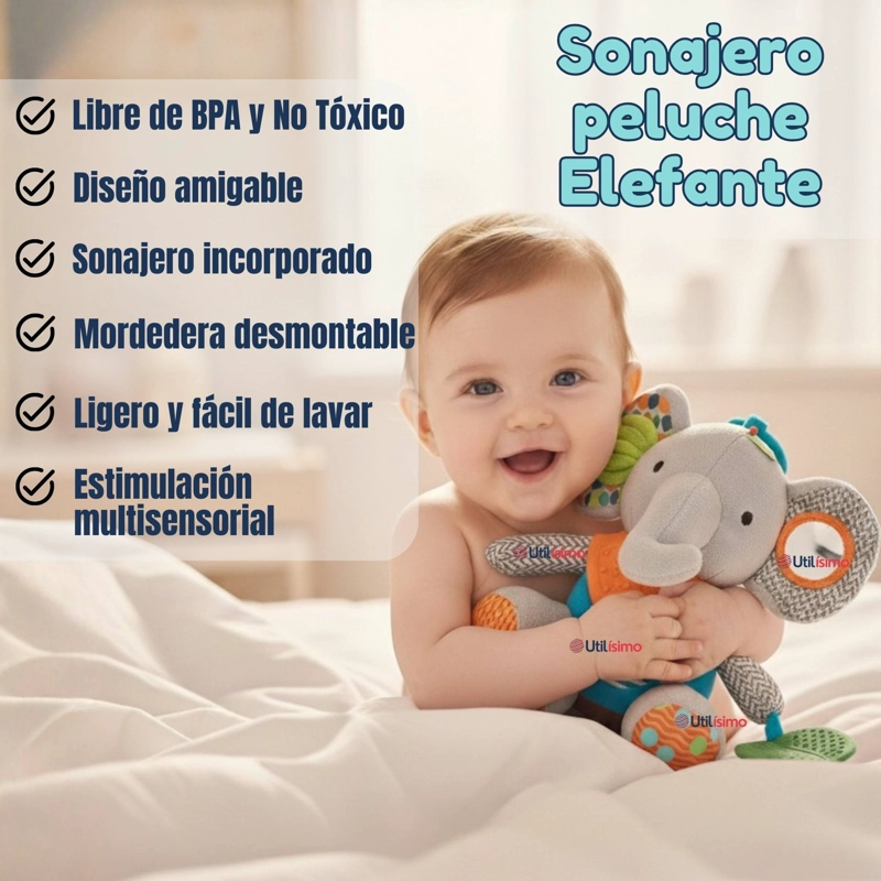 JUGUETE PELUCHE ANIMALES SENSORIAL CON MORDEDOR Y SONAJERO DISEÑO ELEFANTE NIÑA Y NIÑO - 4