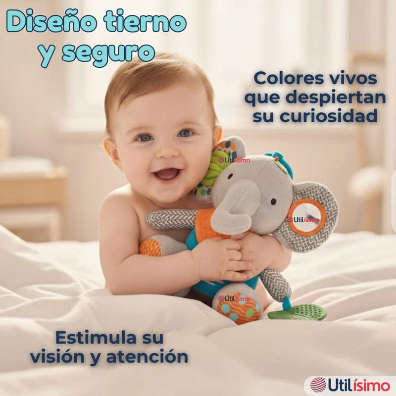 JUGUETE PELUCHE ANIMALES SENSORIAL CON MORDEDOR Y SONAJERO DISEÑO ELEFANTE NIÑA Y NIÑO - 8