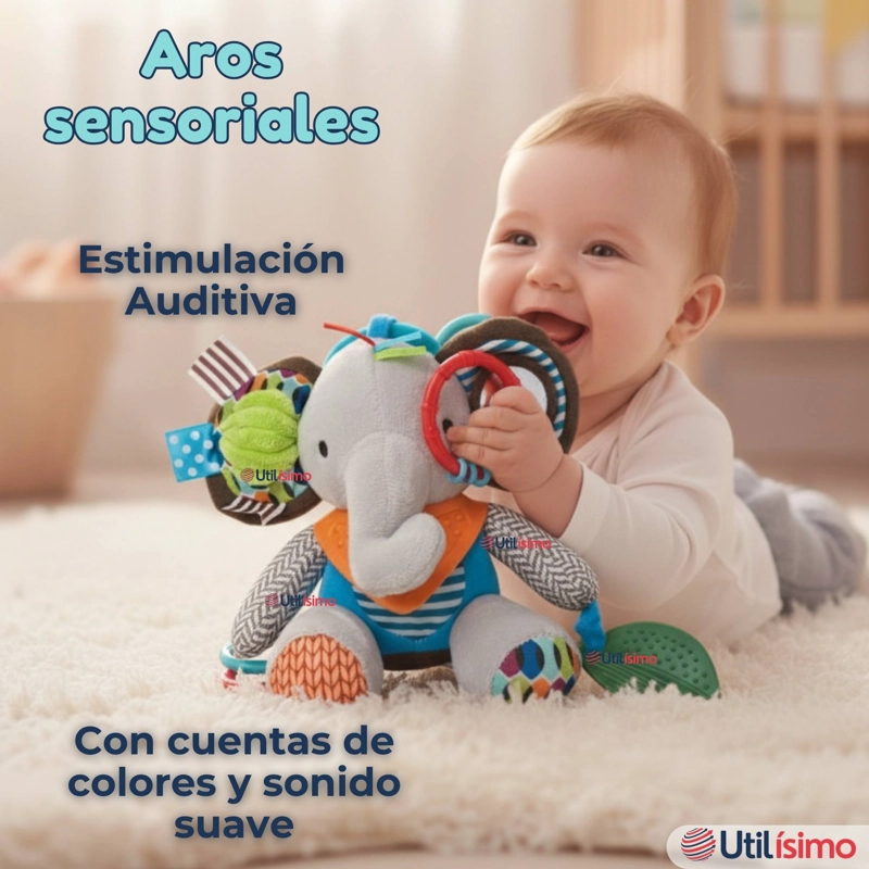 JUGUETE PELUCHE ANIMALES SENSORIAL CON MORDEDOR Y SONAJERO DISEÑO ELEFANTE NIÑA Y NIÑO - 9