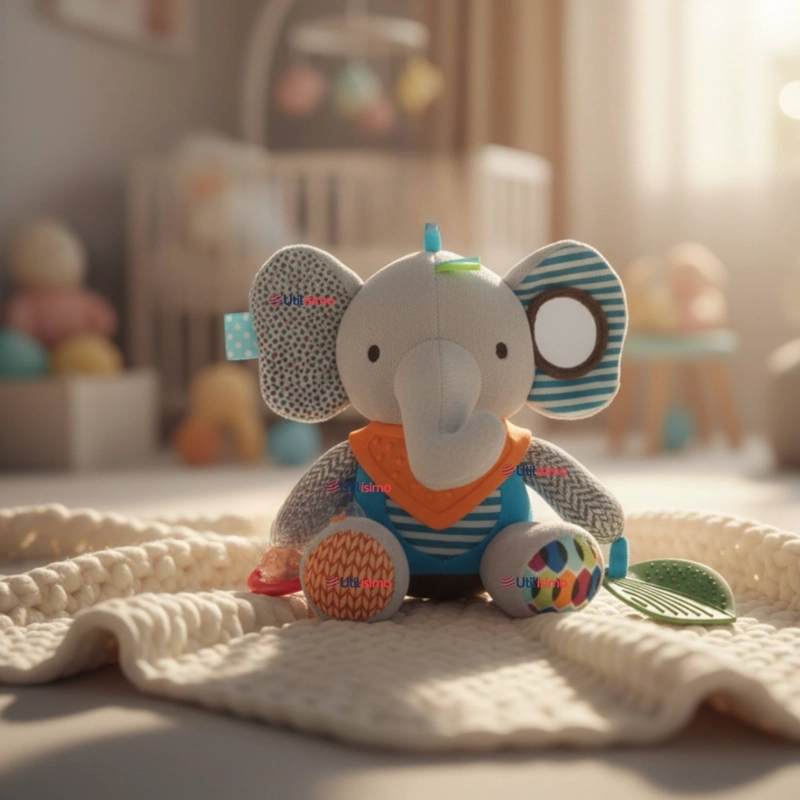 JUGUETE PELUCHE ANIMALES SENSORIAL CON MORDEDOR Y SONAJERO DISEÑO ELEFANTE NIÑA Y NIÑO - 1