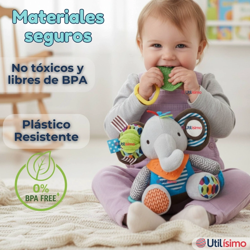 JUGUETE PELUCHE ANIMALES SENSORIAL CON MORDEDOR Y SONAJERO DISEÑO ELEFANTE NIÑA Y NIÑO - 7
