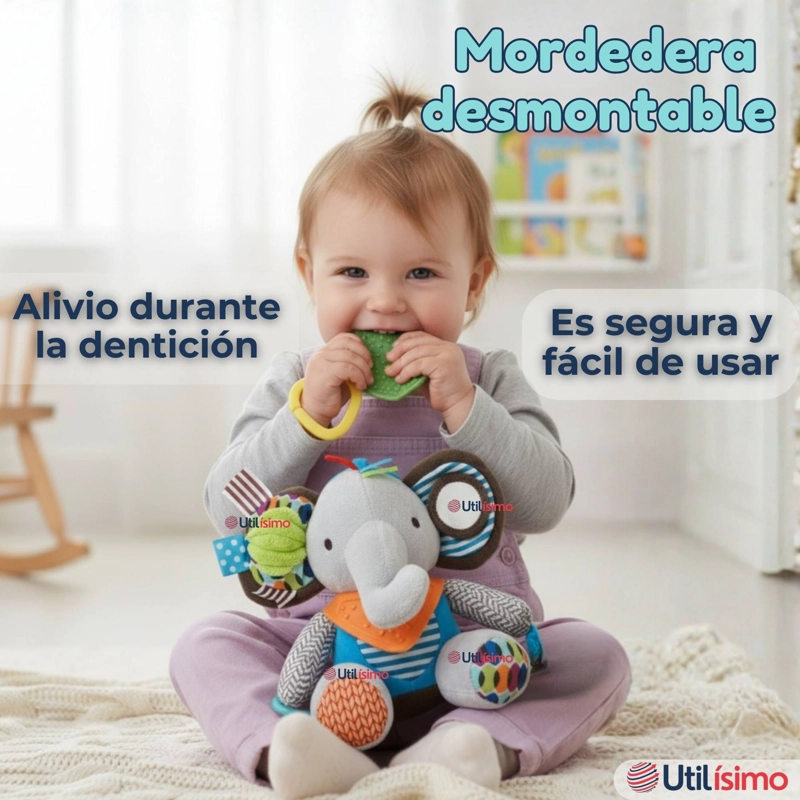 JUGUETE PELUCHE ANIMALES SENSORIAL CON MORDEDOR Y SONAJERO DISEÑO ELEFANTE NIÑA Y NIÑO - 10