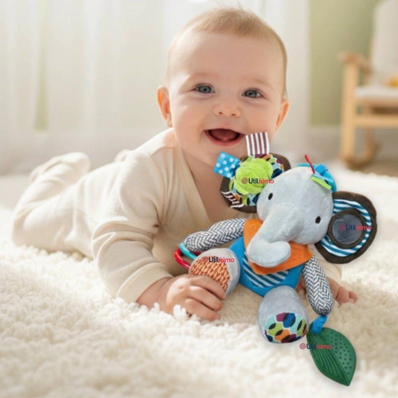 JUGUETE PELUCHE ANIMALES SENSORIAL CON MORDEDOR Y SONAJERO DISEÑO ELEFANTE NIÑA Y NIÑO - 1