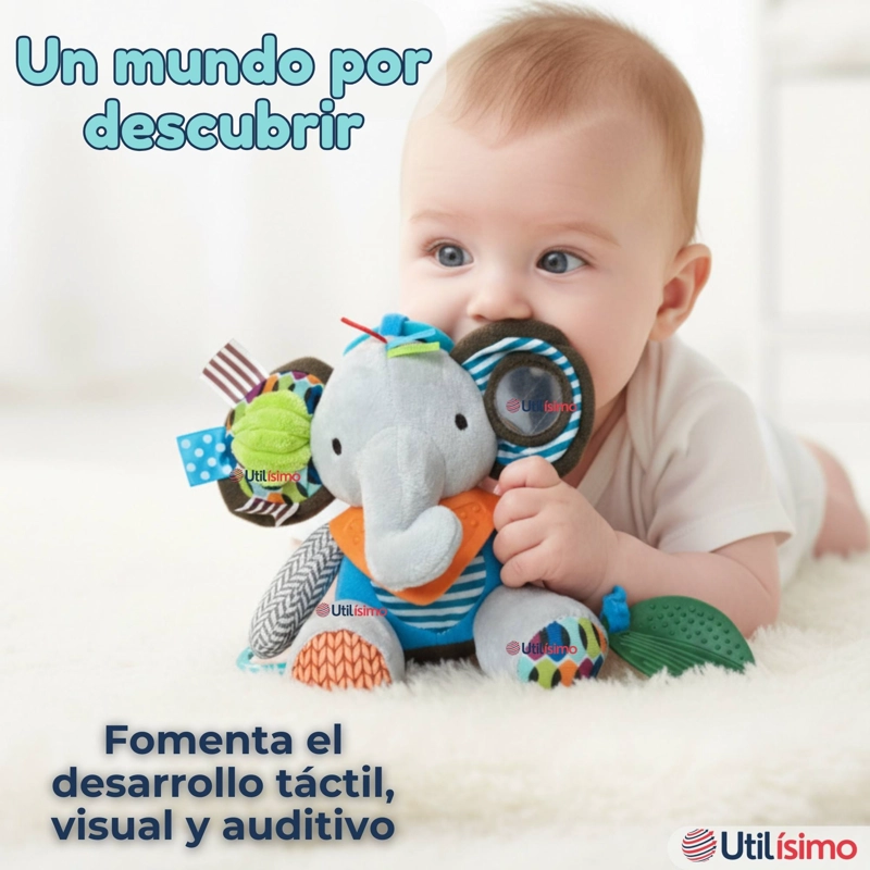 JUGUETE PELUCHE ANIMALES SENSORIAL CON MORDEDOR Y SONAJERO DISEÑO ELEFANTE NIÑA Y NIÑO - 2