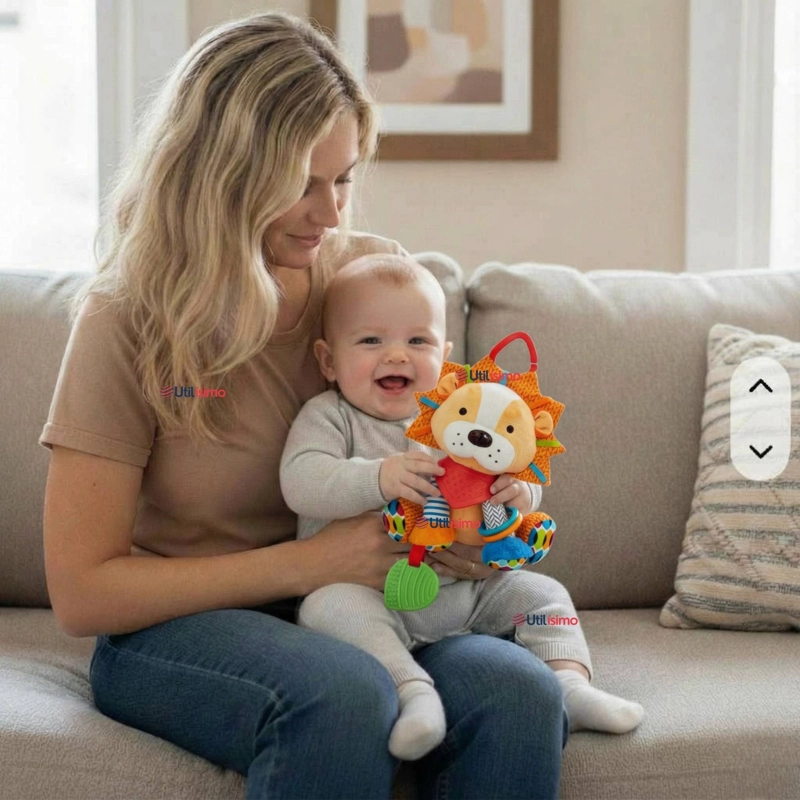 JUGUETE PELUCHE ANIMALES SENSORIAL CON MORDEDOR Y SONAJERO DISEÑO LEON NIÑA Y NIÑO - 1