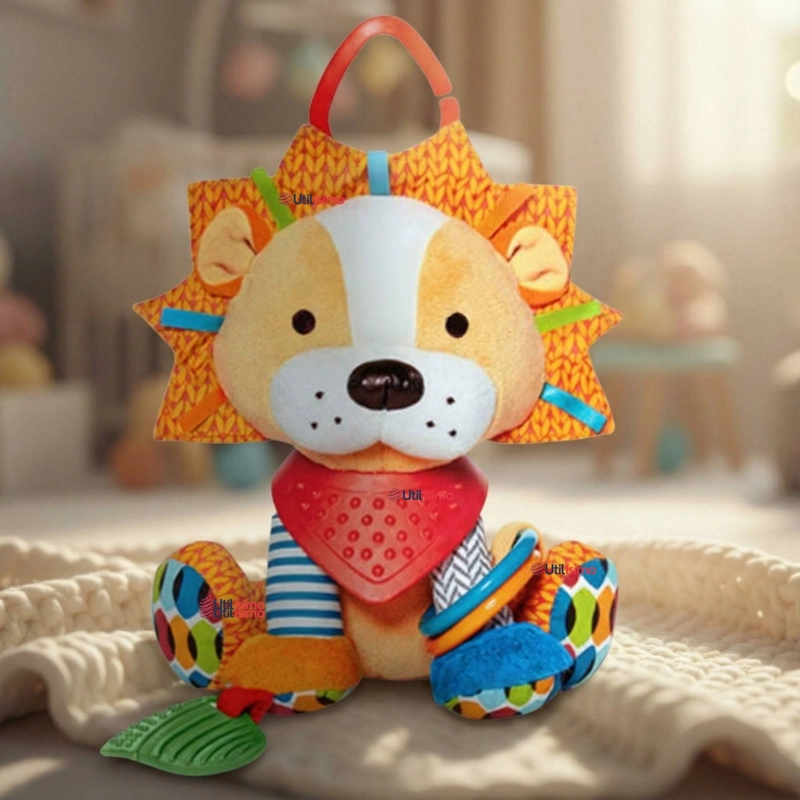 JUGUETE PELUCHE ANIMALES SENSORIAL CON MORDEDOR Y SONAJERO DISEÑO LEON NIÑA Y NIÑO - 1