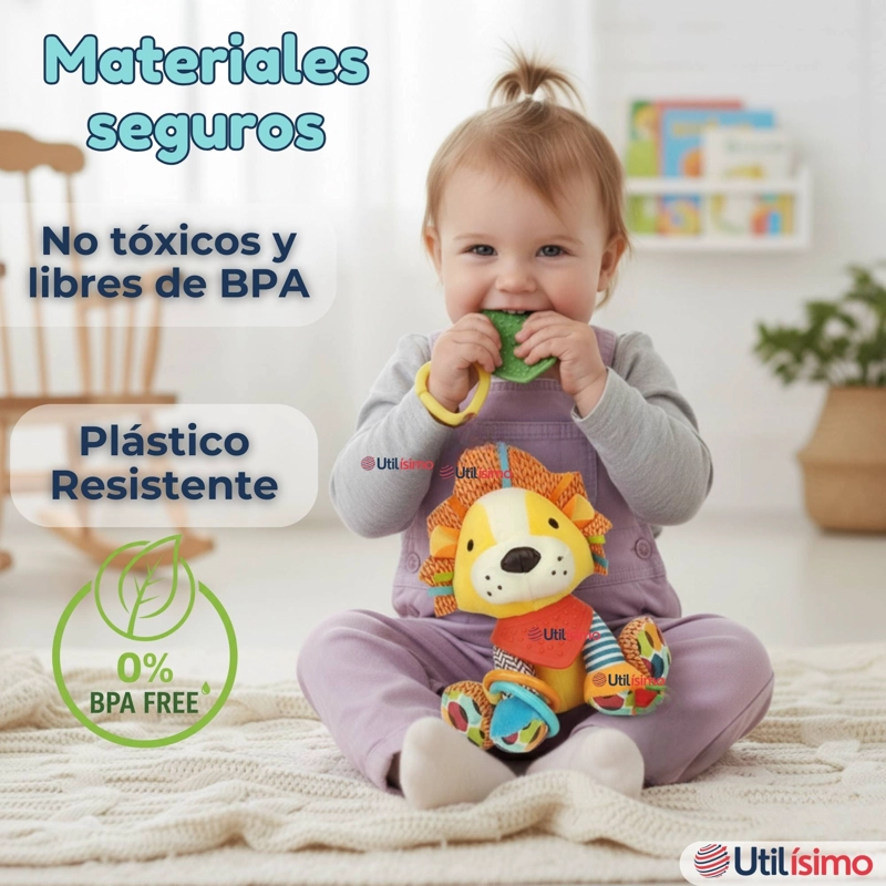 JUGUETE PELUCHE ANIMALES SENSORIAL CON MORDEDOR Y SONAJERO DISEÑO LEON NIÑA Y NIÑO - 7