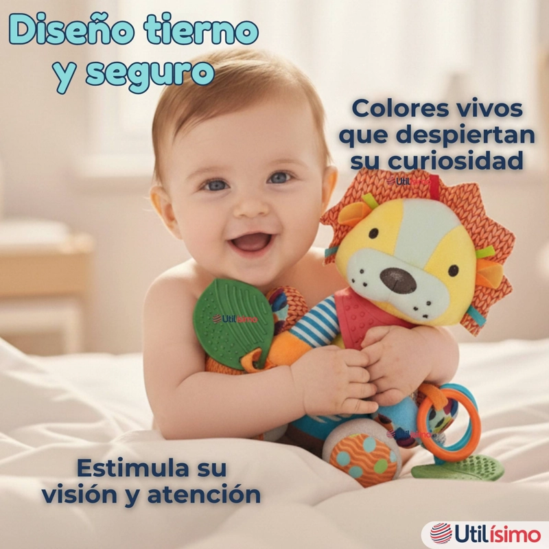 JUGUETE PELUCHE ANIMALES SENSORIAL CON MORDEDOR Y SONAJERO DISEÑO LEON NIÑA Y NIÑO - 8