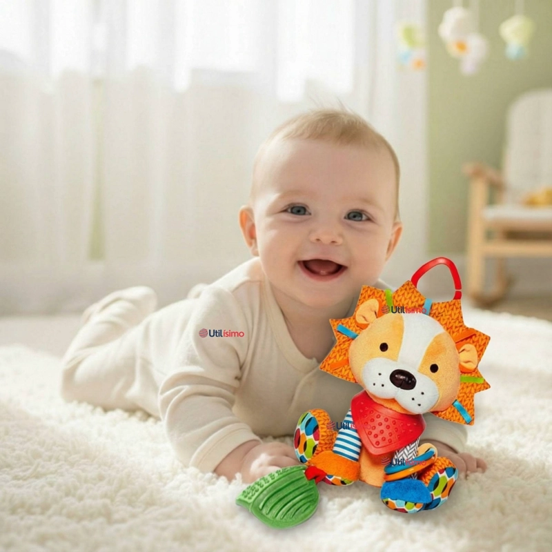 JUGUETE PELUCHE ANIMALES SENSORIAL CON MORDEDOR Y SONAJERO DISEÑO LEON NIÑA Y NIÑO - 1