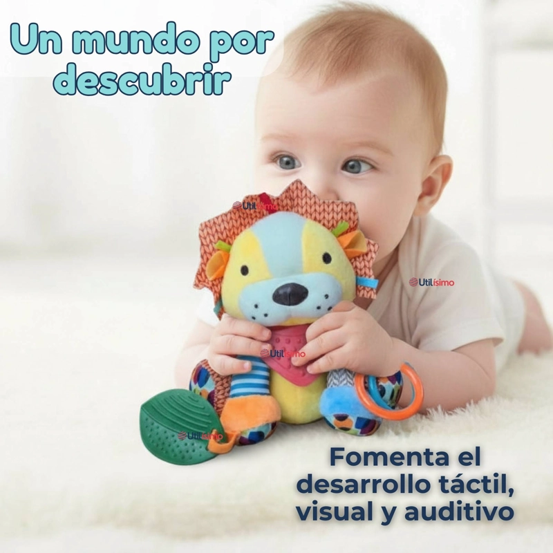 JUGUETE PELUCHE ANIMALES SENSORIAL CON MORDEDOR Y SONAJERO DISEÑO LEON NIÑA Y NIÑO - 2