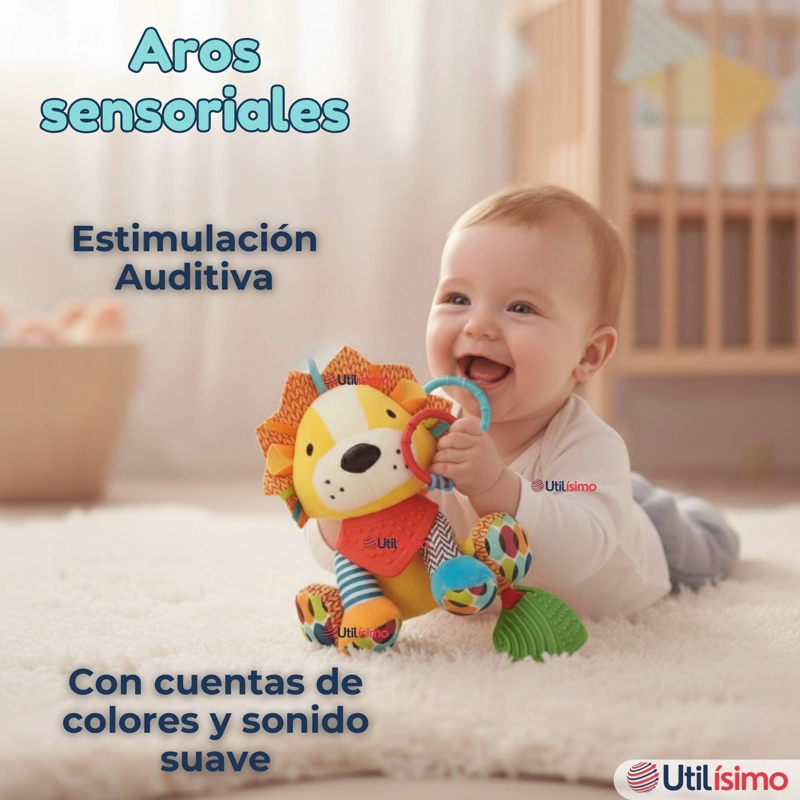 JUGUETE PELUCHE ANIMALES SENSORIAL CON MORDEDOR Y SONAJERO DISEÑO LEON NIÑA Y NIÑO - 9