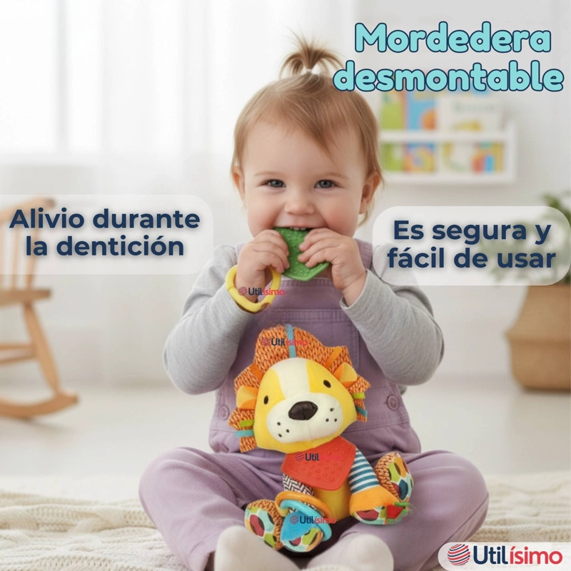 JUGUETE PELUCHE ANIMALES SENSORIAL CON MORDEDOR Y SONAJERO DISEÑO LEON NIÑA Y NIÑO - 10