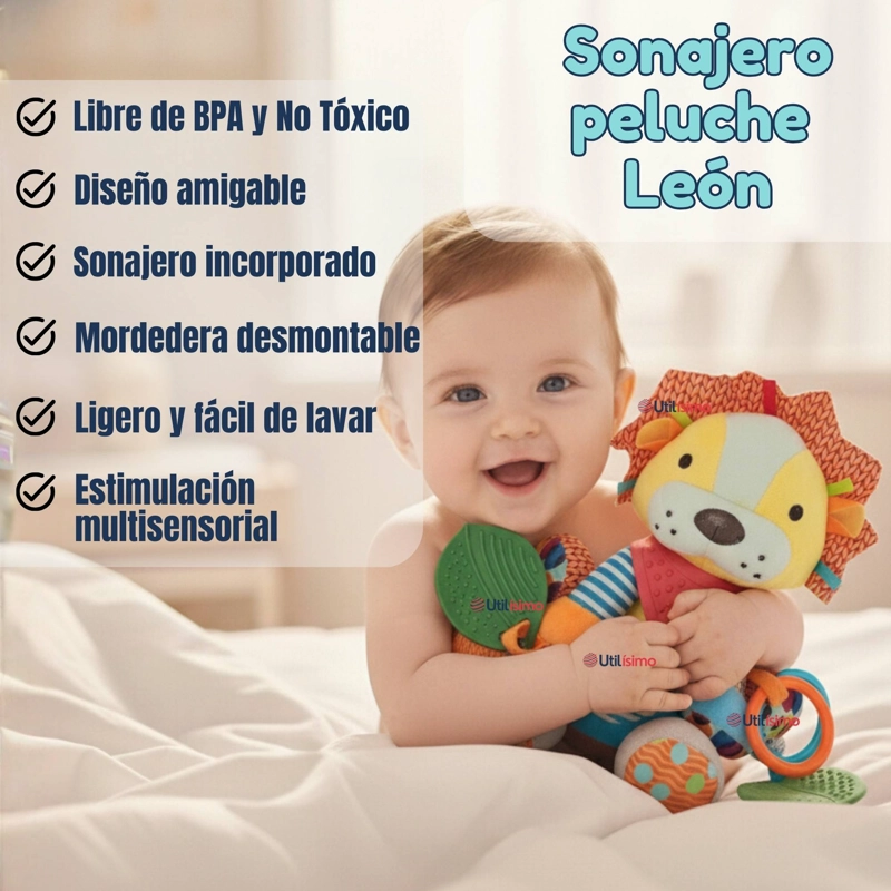 JUGUETE PELUCHE ANIMALES SENSORIAL CON MORDEDOR Y SONAJERO DISEÑO LEON NIÑA Y NIÑO - 4