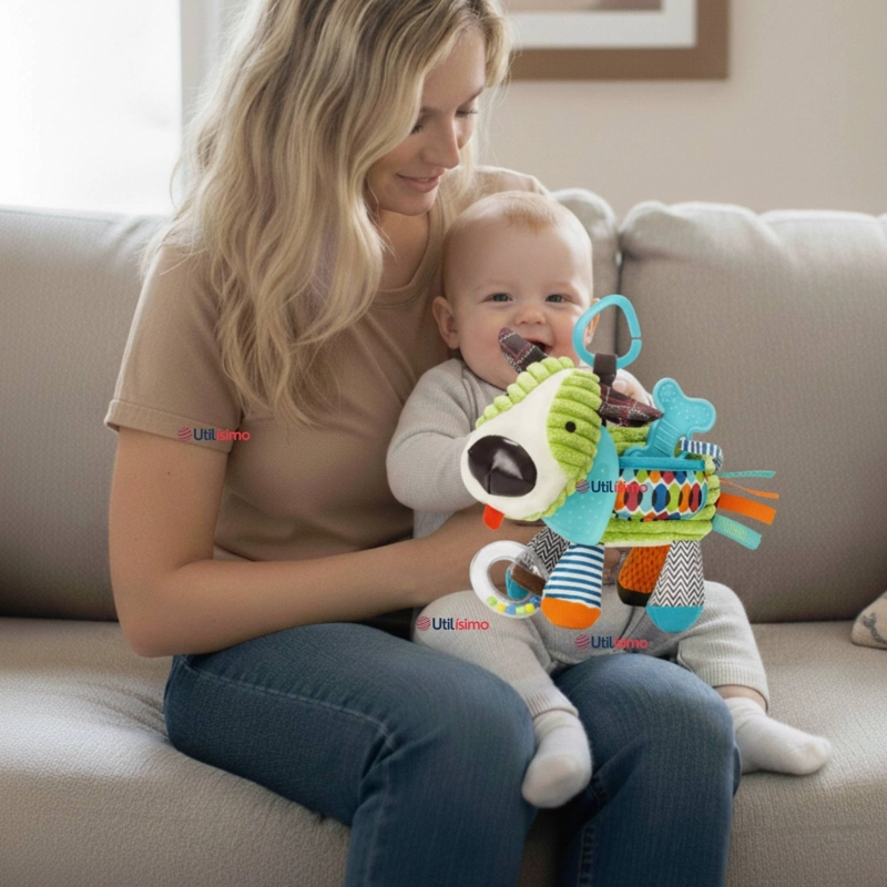 JUGUETE PELUCHE ANIMALES SENSORIAL CON MORDEDOR Y SONAJERO DISEÑO PERRITO NIÑA Y NIÑO - 1