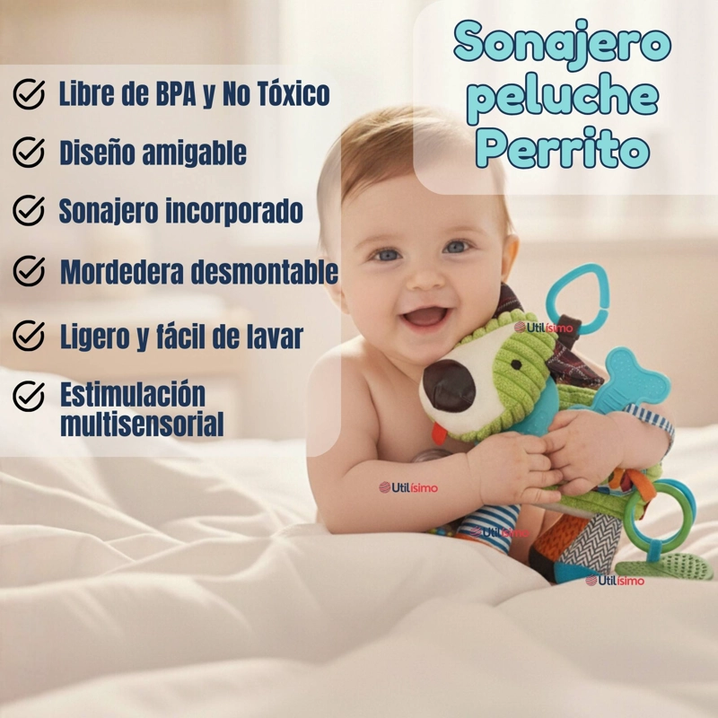 JUGUETE PELUCHE ANIMALES SENSORIAL CON MORDEDOR Y SONAJERO DISEÑO PERRITO NIÑA Y NIÑO - 4