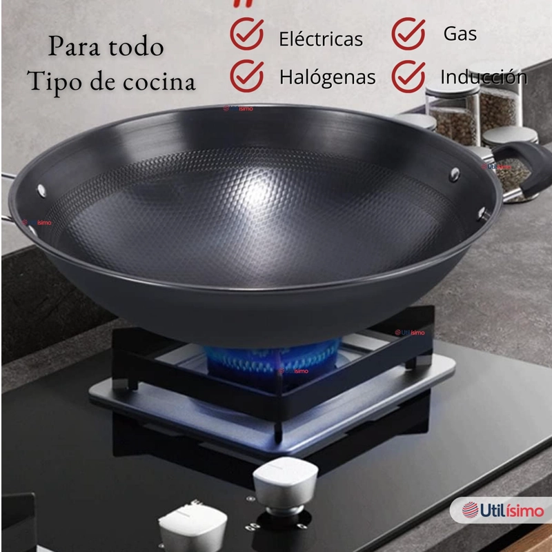 WOK ACERO INOXIDABLE ANTIADHERENTE 42 CM COLOR NEGRO - 2