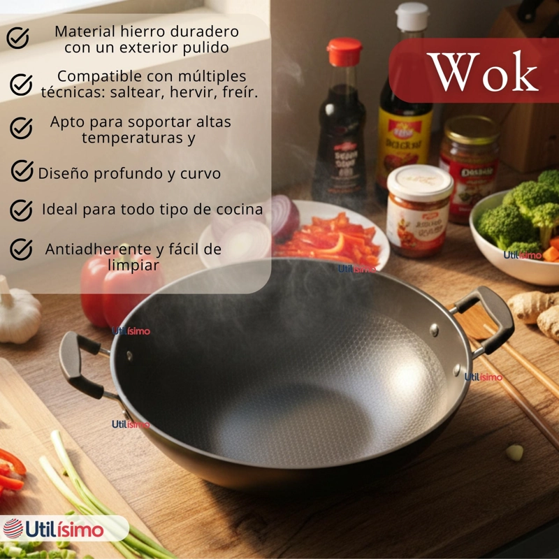 WOK ACERO INOXIDABLE ANTIADHERENTE 42 CM COLOR NEGRO - 5