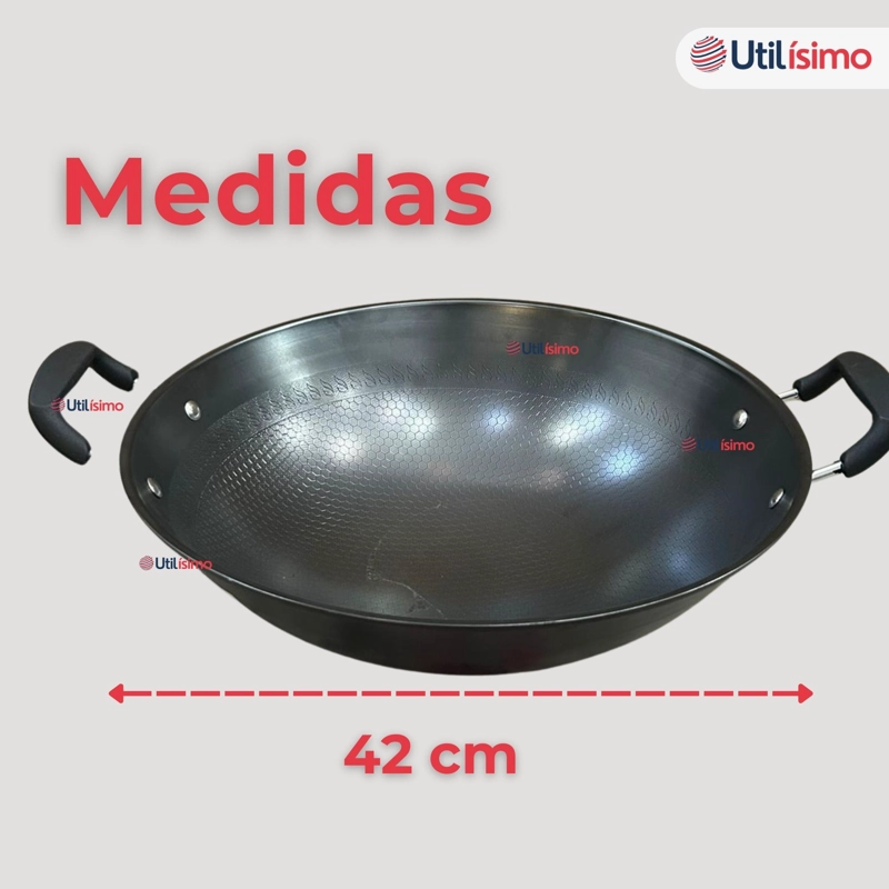 WOK ACERO INOXIDABLE ANTIADHERENTE 42 CM COLOR NEGRO - 7